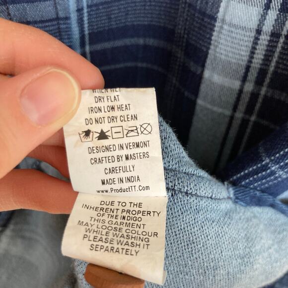 Product Think Tank Mens L Indigo Blue Plaid Flannel Sustainable Work Shirt Chore - Picture 9 of 10